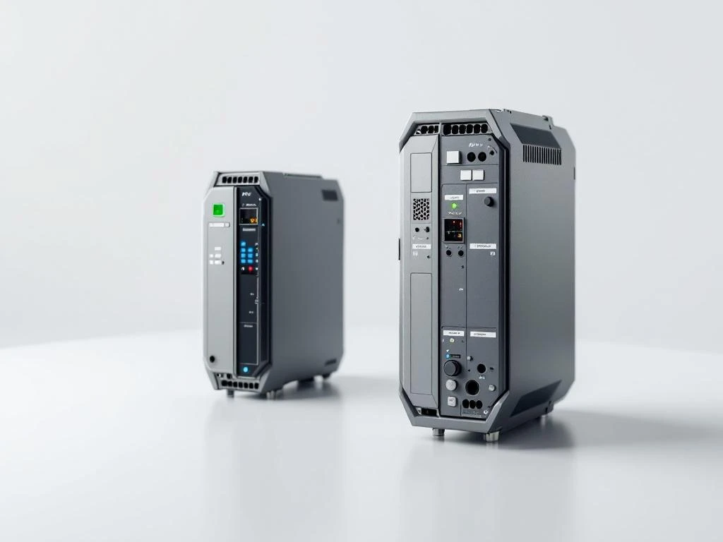 Modern industrial automation control panel with compact PLC device and advanced PAC system on white surface