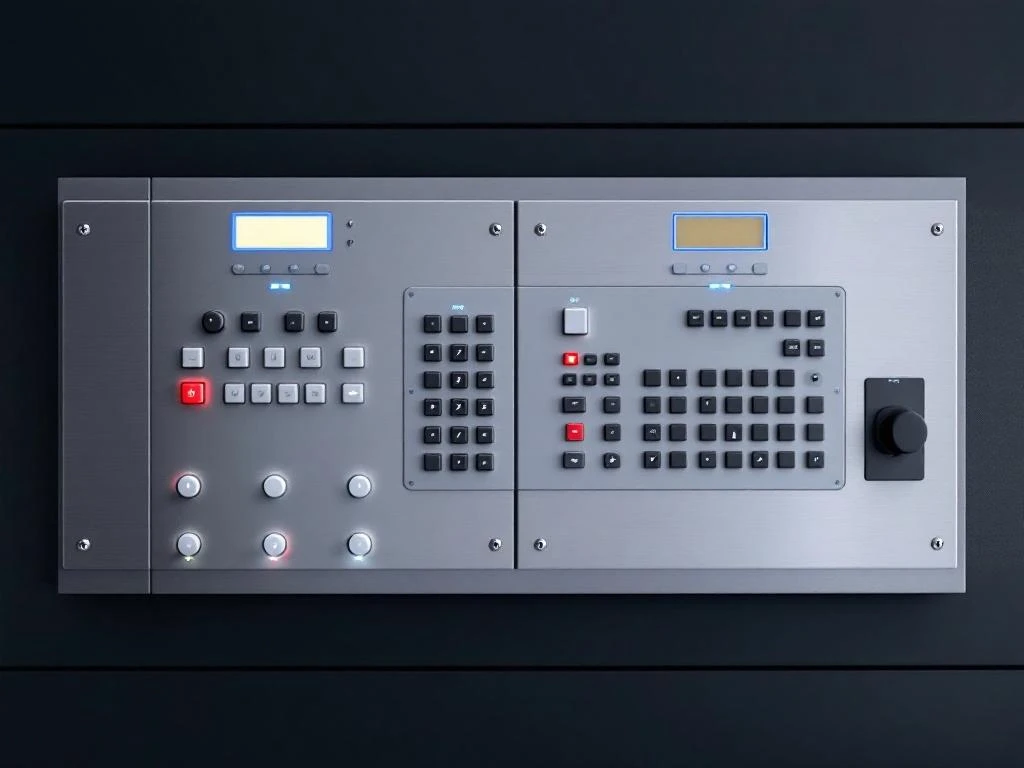 Modern industrial control panel with dual integrated systems, geometric buttons, digital displays, and LED backlighting