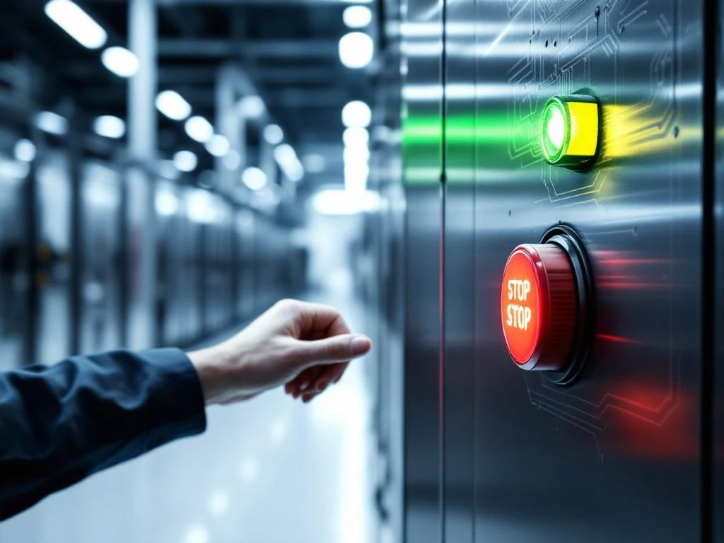 Worker's hand positioned over red emergency stop button on industrial control panel with glowing green safety light