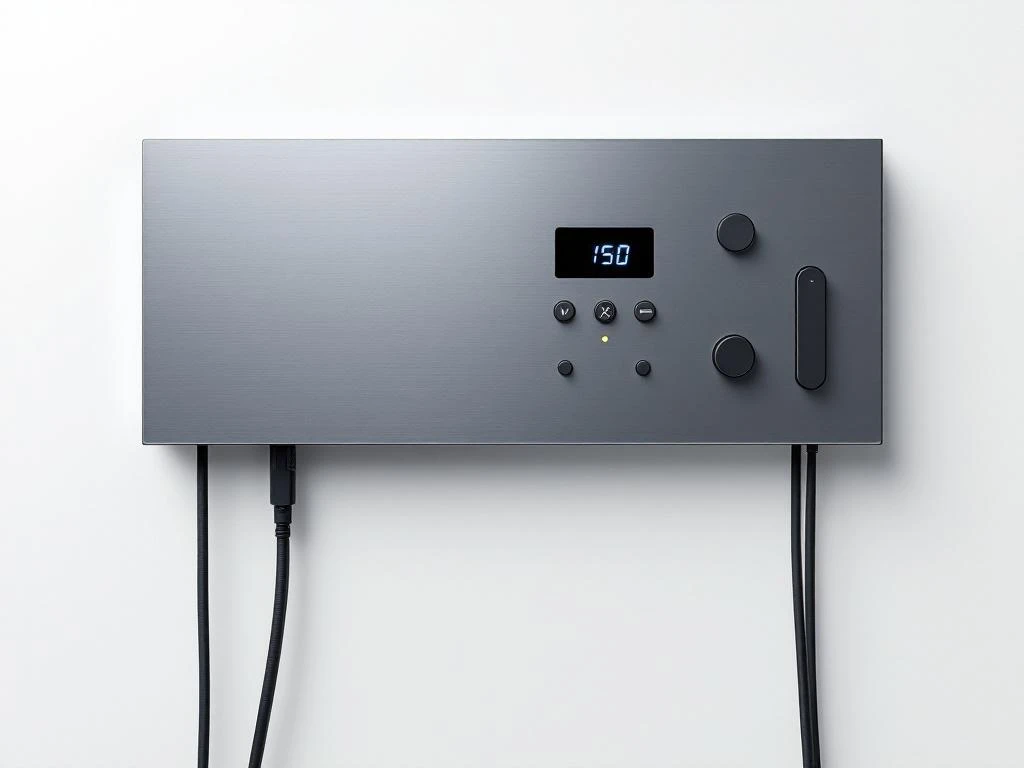 Industrial control panel with geometric buttons, glowing LED indicator, and organized cables on brushed metal surface