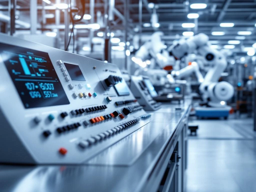 Industrial control panel with digital displays and robotic arm assembling electronics in modern factory setting