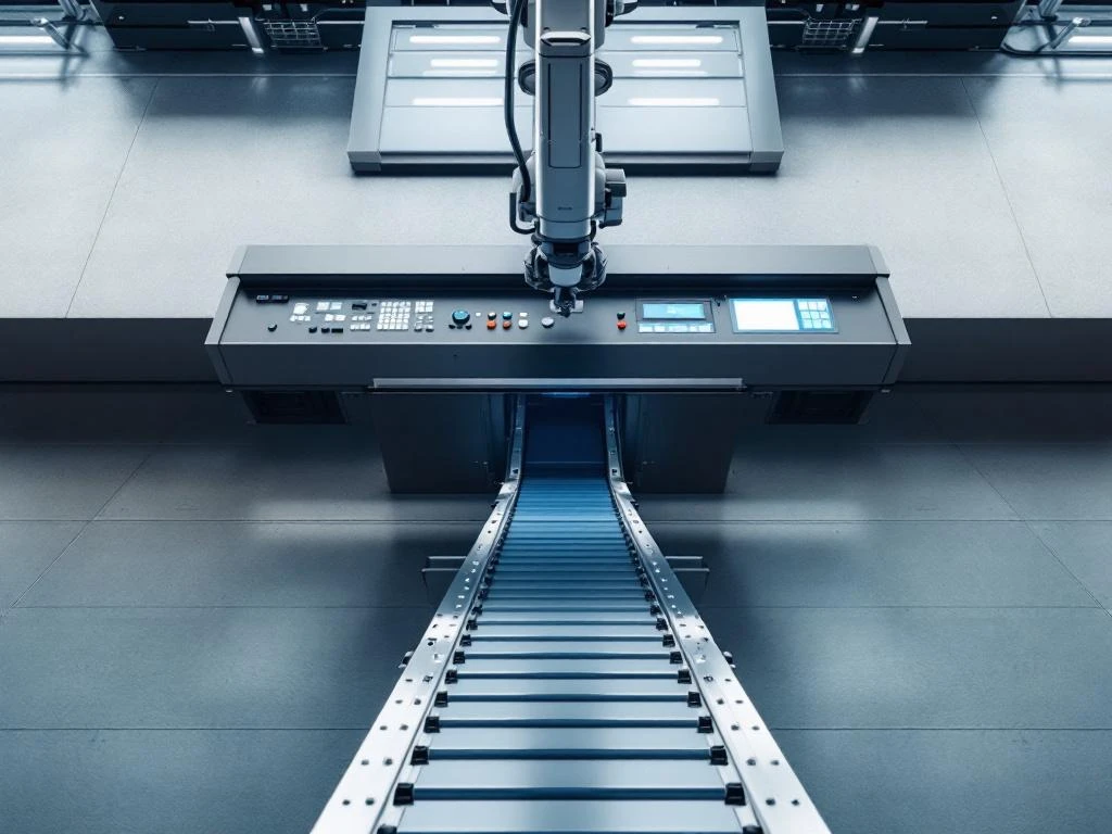 Industrial robotic arm positioned over conveyor belt with illuminated control panel in modern factory setting