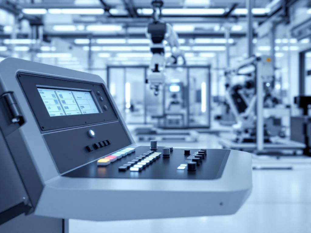 Industrial control panel with geometric buttons and LED indicators, robotic arm performing assembly work in clean white manufacturing facility