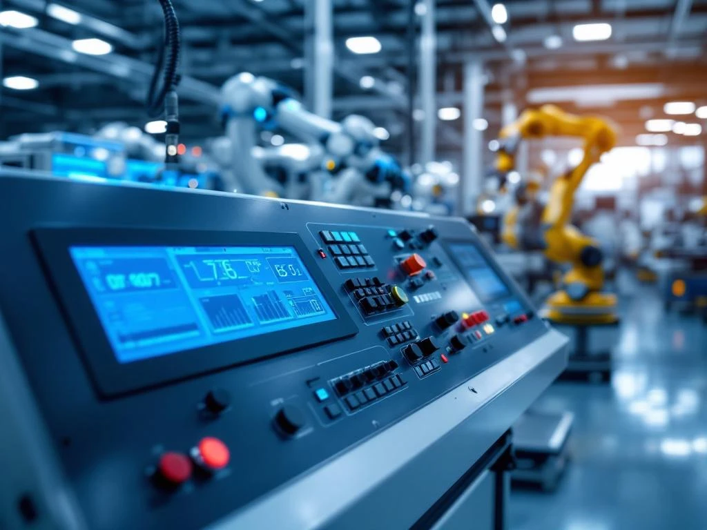Modern industrial control panel with digital displays and geometric buttons, robotic assembly arms operating in background