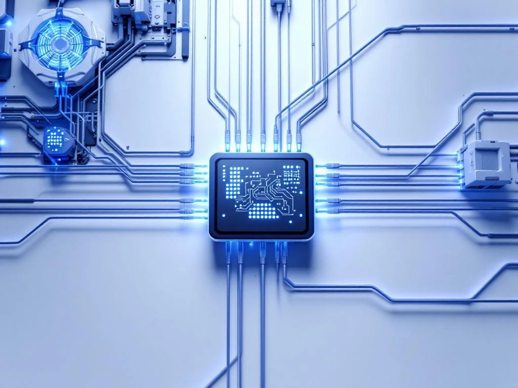 Industrial control panel with blue status lights connected to server rack by curved ethernet cables in organized workspace