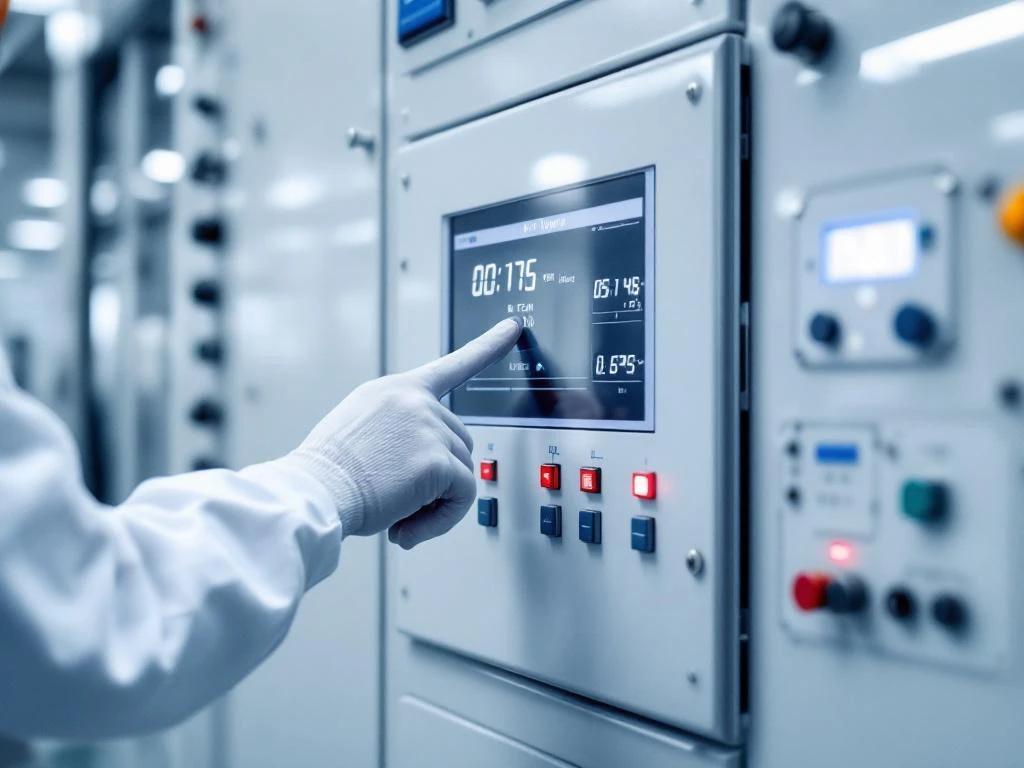 Technician adjusting digital display on modern industrial control panel with organized button layout and clean design