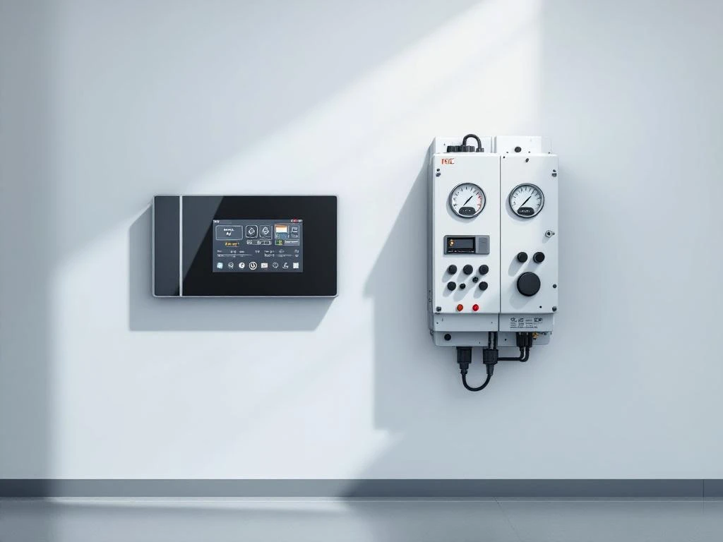 Modern touchscreen control panel mounted beside older mechanical PLC unit with analog gauges on white industrial wall