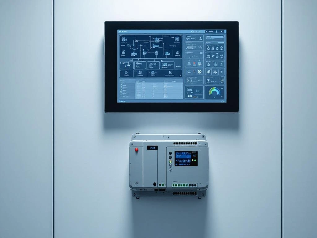 Modern industrial control panel with touchscreen displaying network diagrams mounted above compact PLC unit in bright control room.
