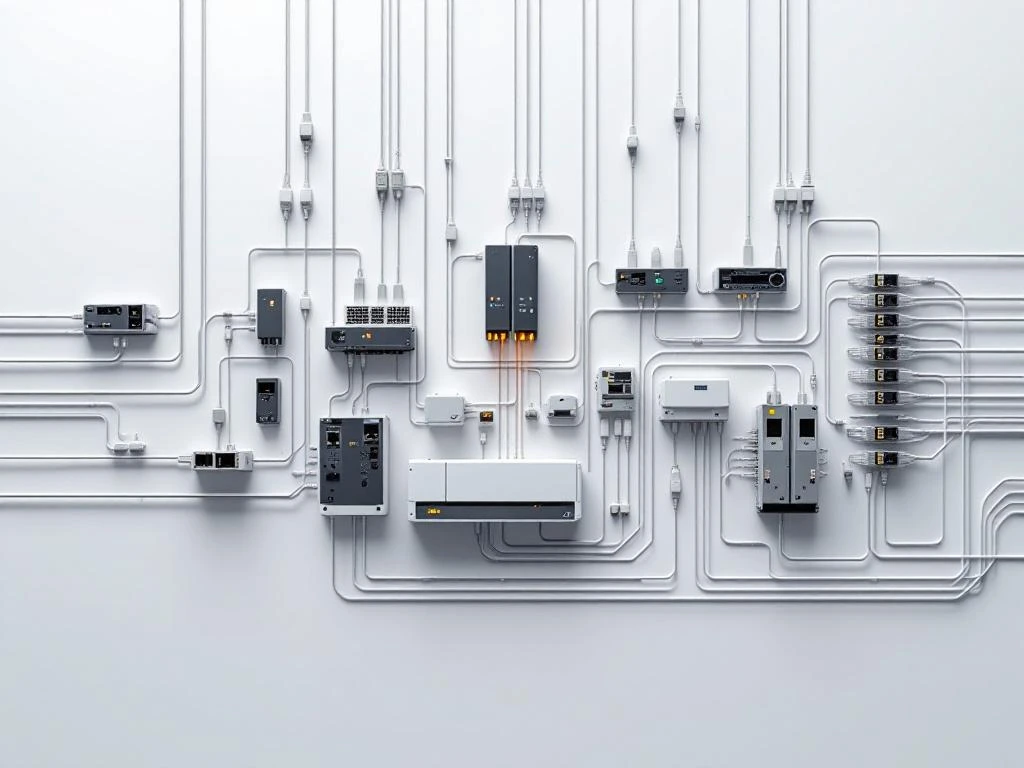 Industrial PLC control panel with ethernet cables connecting to automation devices on white surface, overhead view