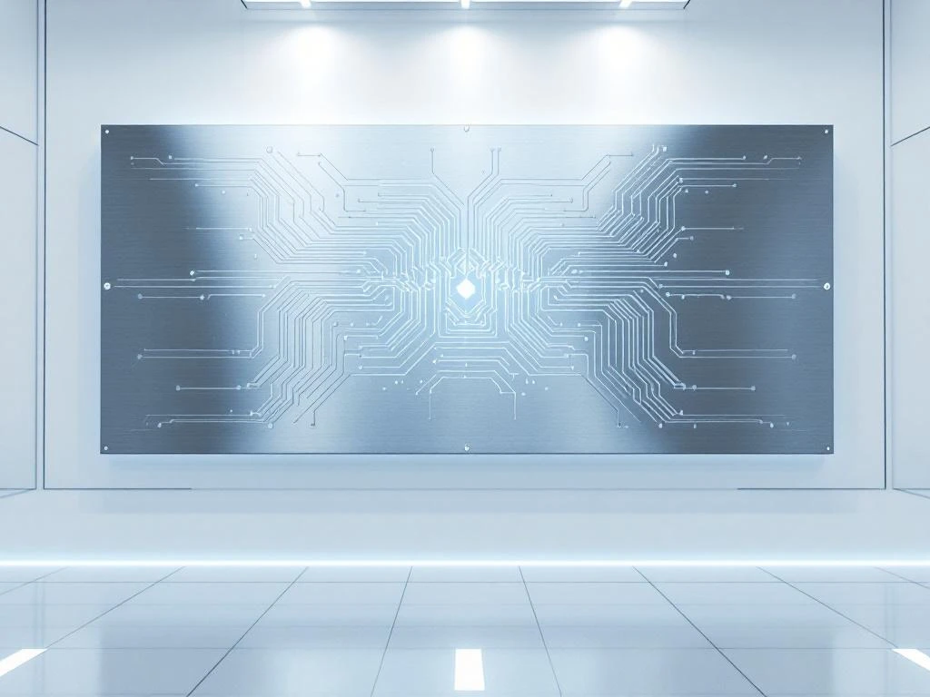 Industrial control panel with geometric circuit patterns connected to computer terminal via ethernet cables in clean laboratory setting