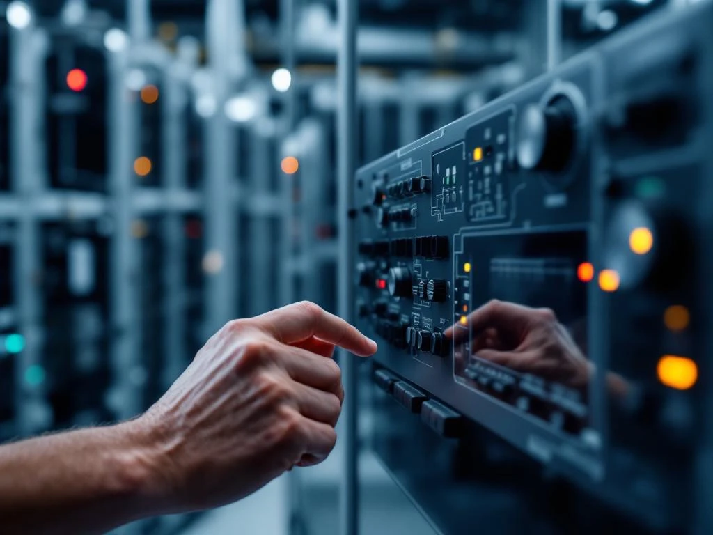 Technician adjusting dials and switches on industrial PLC control panel with circuit patterns and electrical components