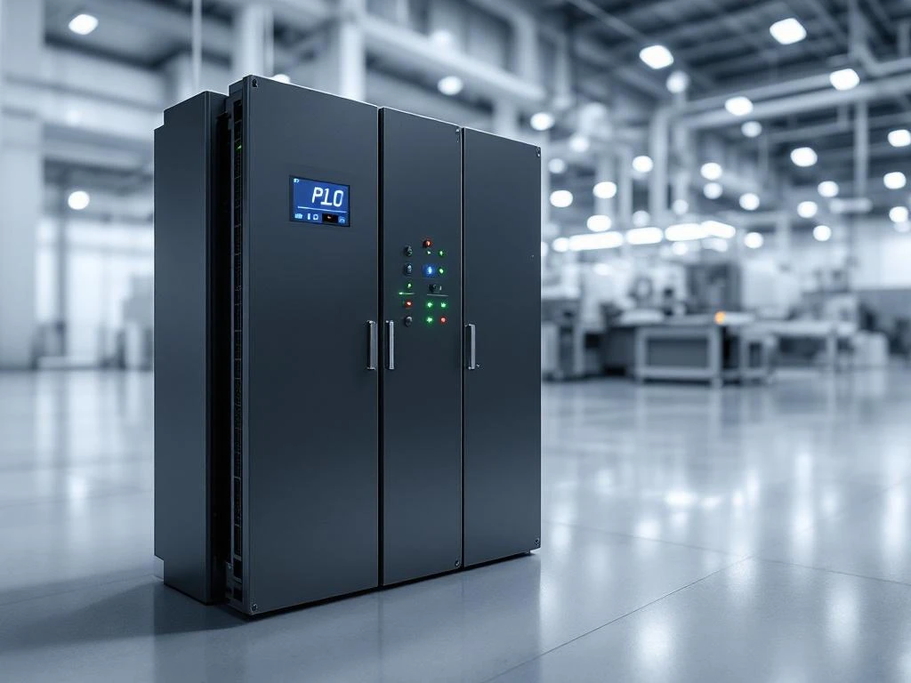 Industrial PLC control panel with blue and green LED indicators on factory floor connected to manufacturing equipment