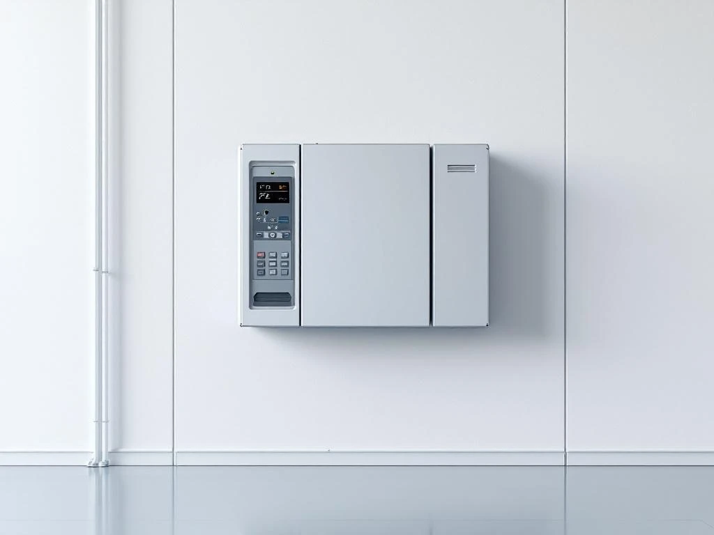 Industrial control panel with PLC unit mounted on white factory wall, featuring LED indicators and modern minimalist design