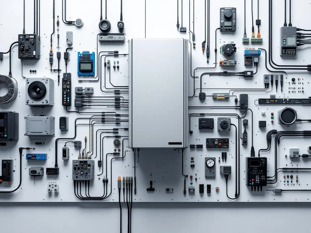 Modern PLC control panel with input/output modules and connection cables on white workbench, overhead view