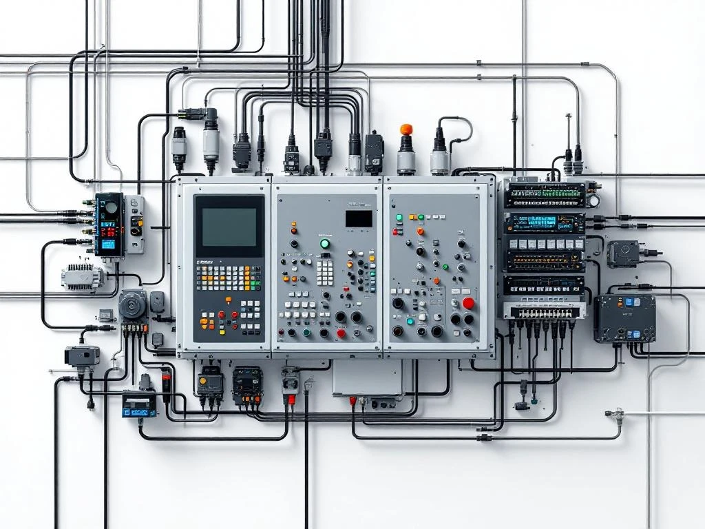Modern PLC control panel with input/output modules, indicator lights, and organized cable management on white background