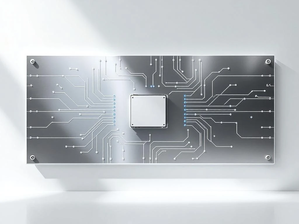 Industrial control panel with central PLC unit, blue LED indicators, and circuit pathways on metallic surface