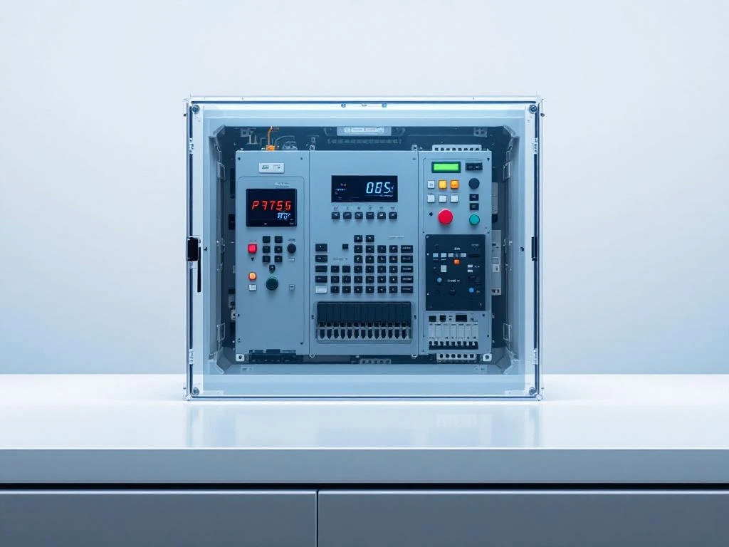 Modern industrial PLC control panel with digital displays and geometric buttons in protective enclosure on white workbench