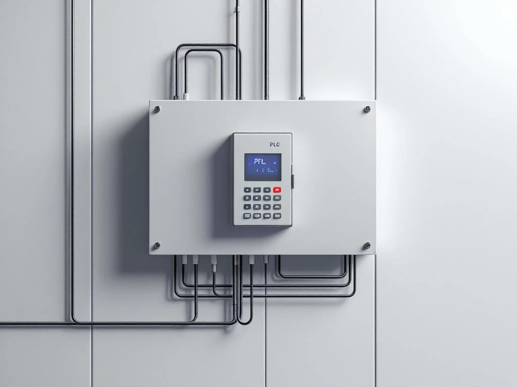 Modern industrial PLC control panel with blue and green LED indicators, organized cables, mounted on white wall