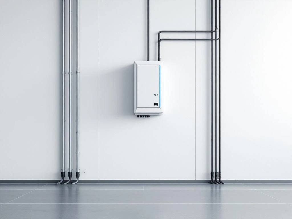 Industrial control panel with central PLC unit featuring LED indicators and organized cables on white wall