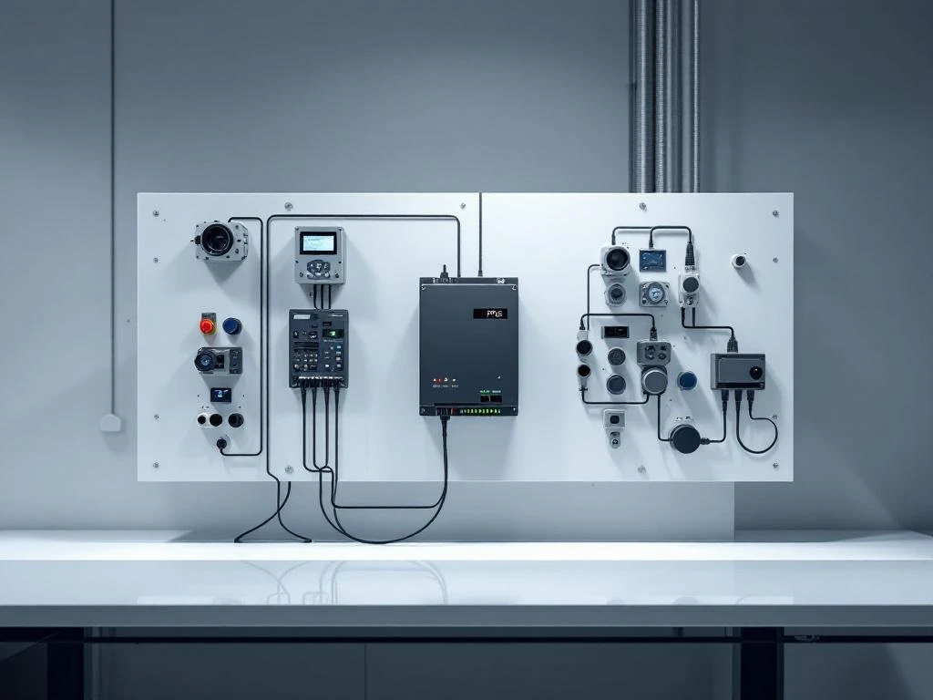 Industrial control panel with rectangular PLC unit and indicator lights on white workbench with minimal cable connections