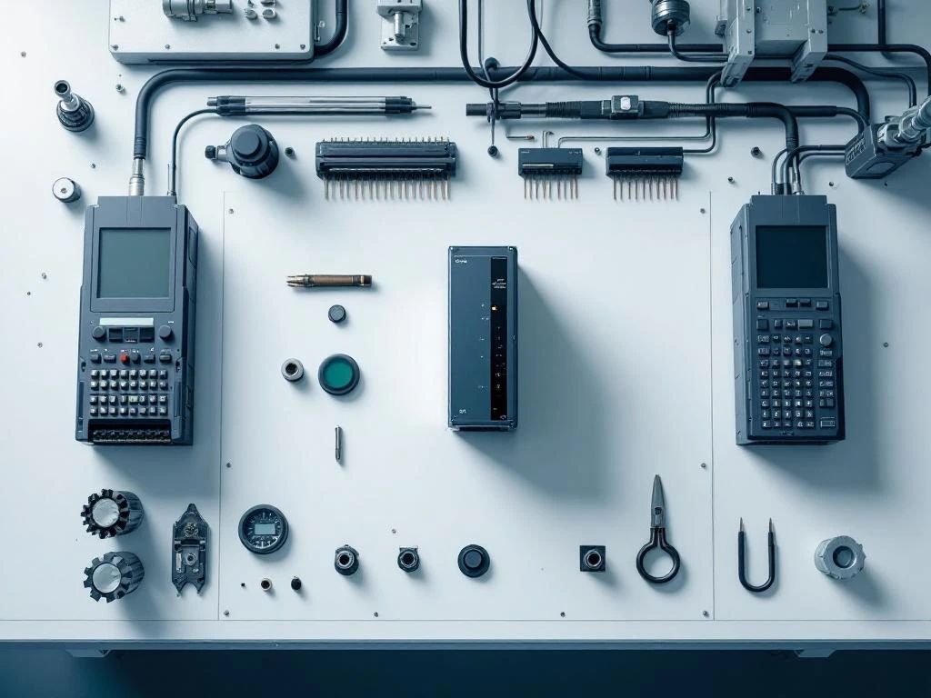 Modern PLC control unit on white workbench with precision engineering tools and organized cable connections