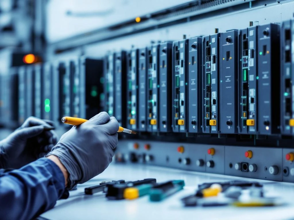 Technician cleaning circuit board with precision brush on industrial control panel with organized PLC modules and tools
