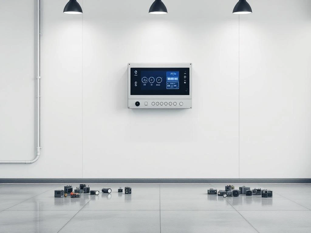 Modern PLC control panel mounted on white wall above scattered vintage relay switches and analog gauges on concrete floor