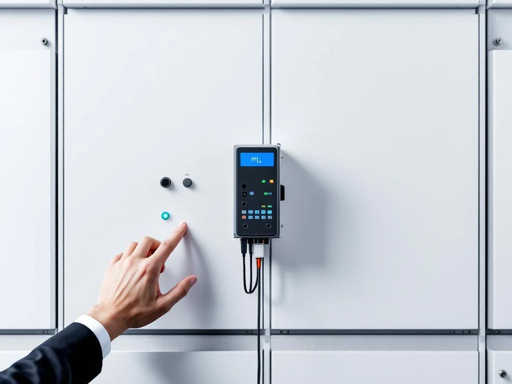 Industrial control panel with PLC unit and hand connecting programming cable on white background