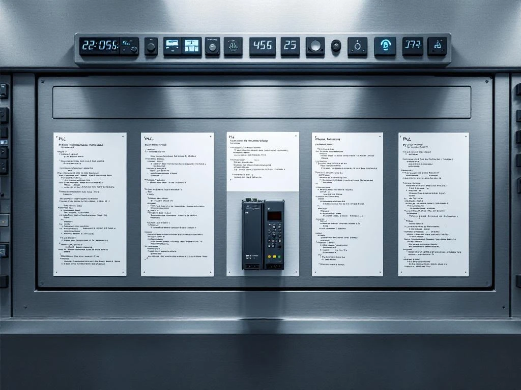 Industrial control panel with PLC device and programming code sheets arranged in geometric pattern on metallic surface