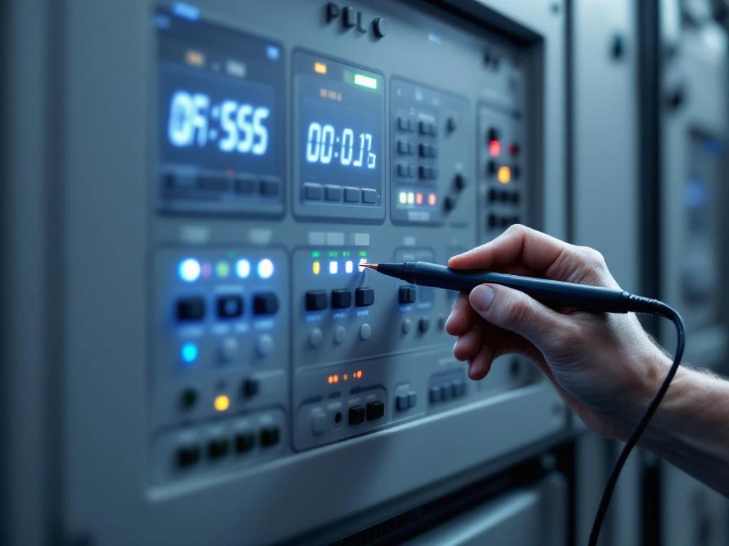 Technician testing PLC control panel with digital multimeter probe on connection point in modern industrial workspace