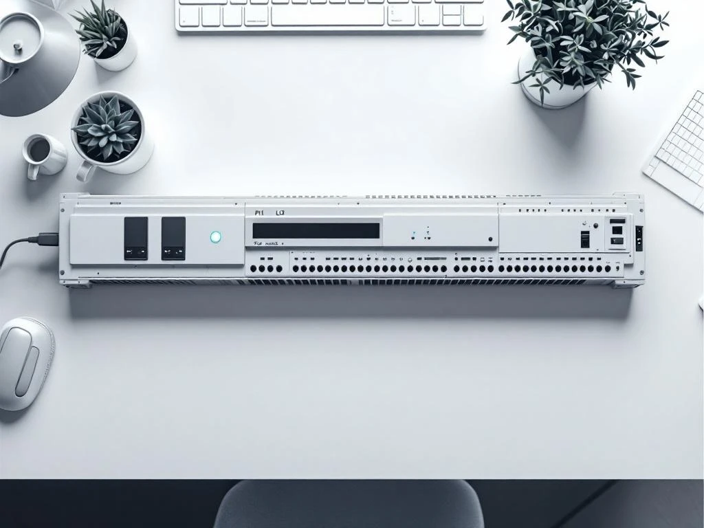 Industrial PLC control unit with aligned input/output modules on white desk, featuring blue LED indicator and clean geometric design.
