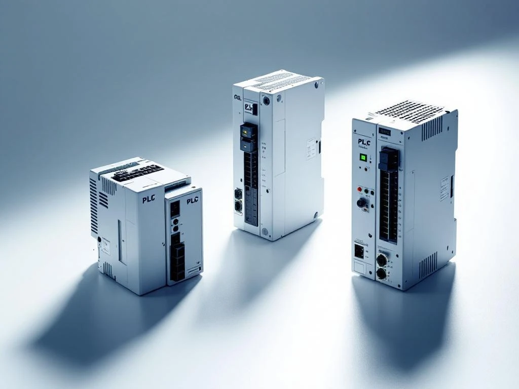 Three PLC control units arranged in triangular formation on white desk with minimalist lighting and gray-blue color scheme