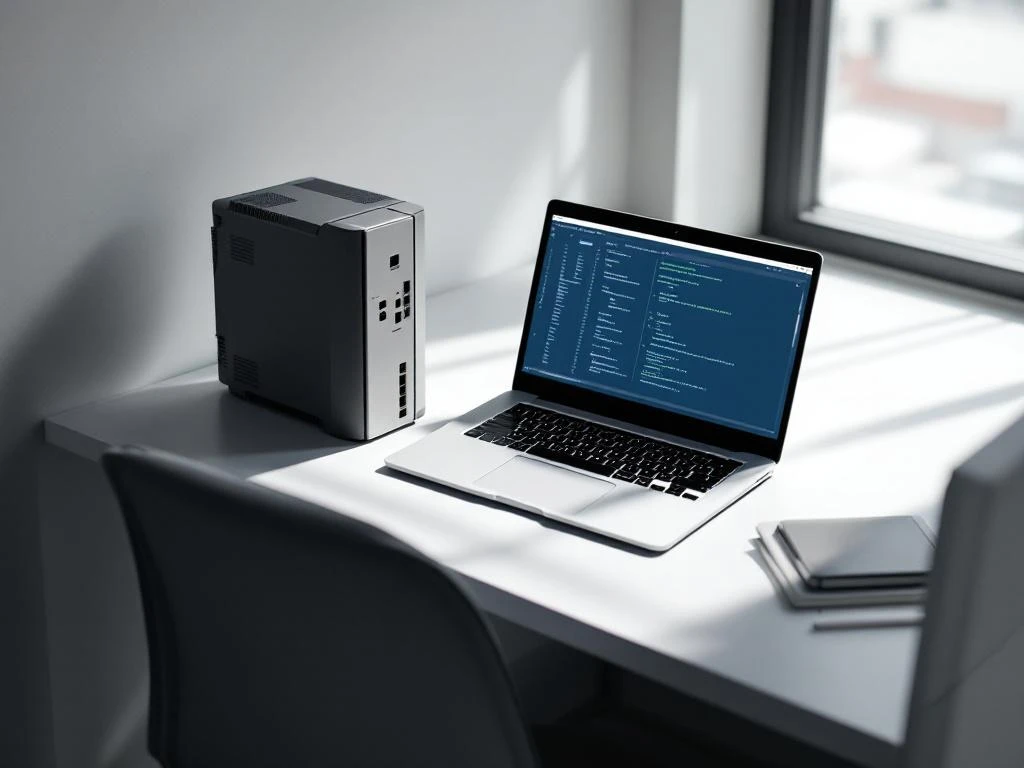 Open laptop displaying PLC programming ladder logic interface next to sleek controller unit on clean white desk workspace