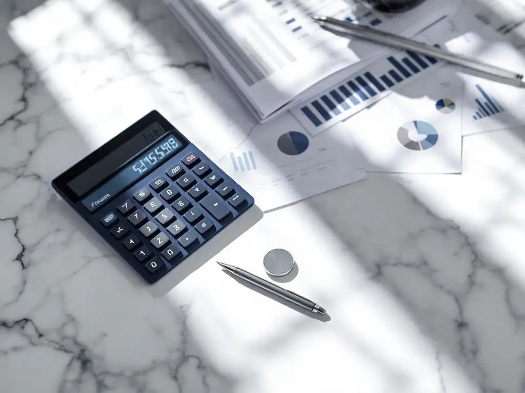 Modern calculator displaying financial data on white marble desk with business charts, documents, and silver pen