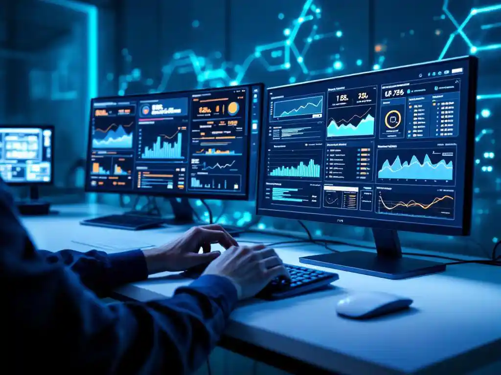 Technician monitoring industrial equipment data on multiple computer screens in modern control room with blue ambient lighting.
