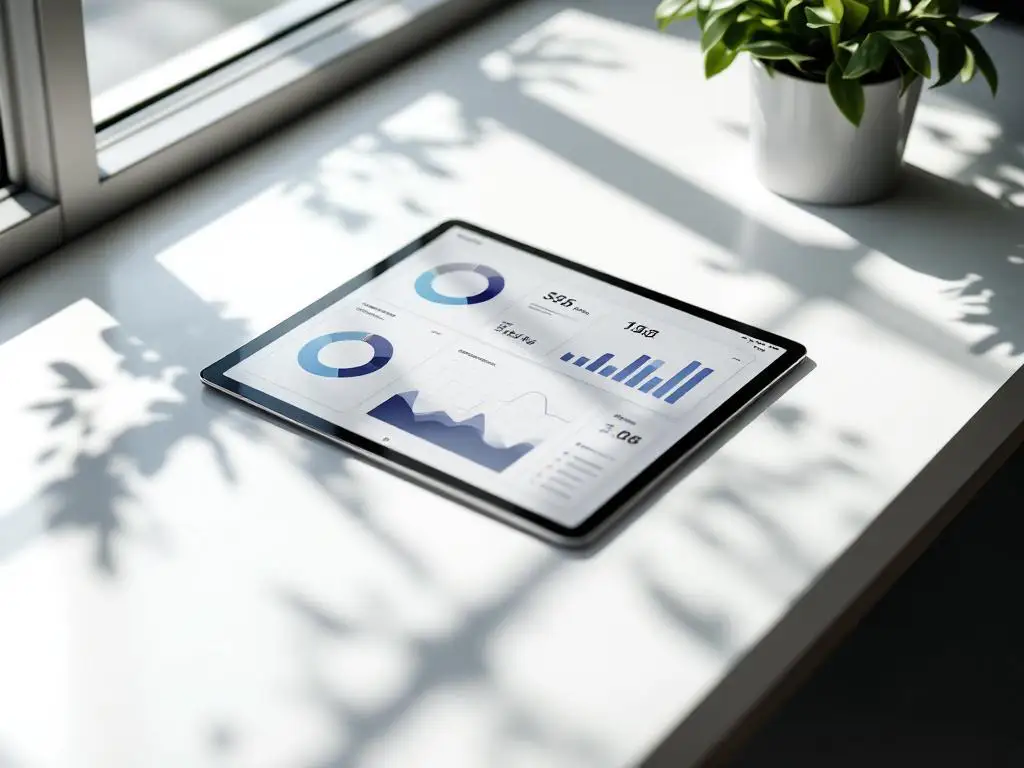 Digital tablet with performance charts on white desk beside small green plant in minimalist office setting with natural lighting.