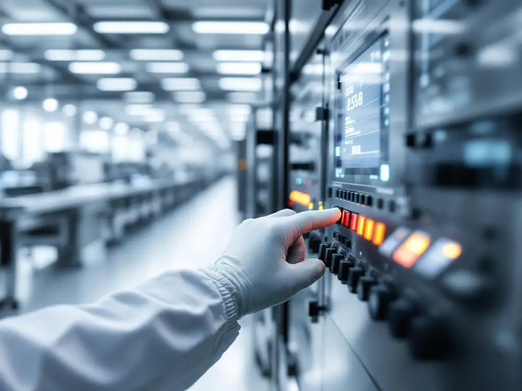 Gloved hand operating industrial control panel with digital displays in modern food processing facility