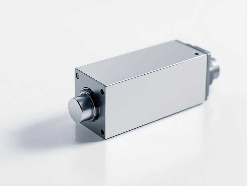 Industrial actuator component with precision-engineered metal housing on white surface, directional lighting highlighting form