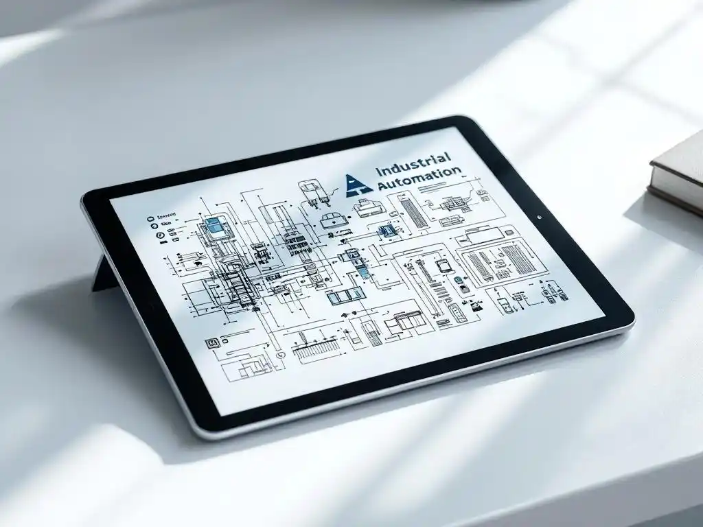 Modern tablet displaying industrial automation schematics on white desk beside open engineering textbook in minimalist workspace