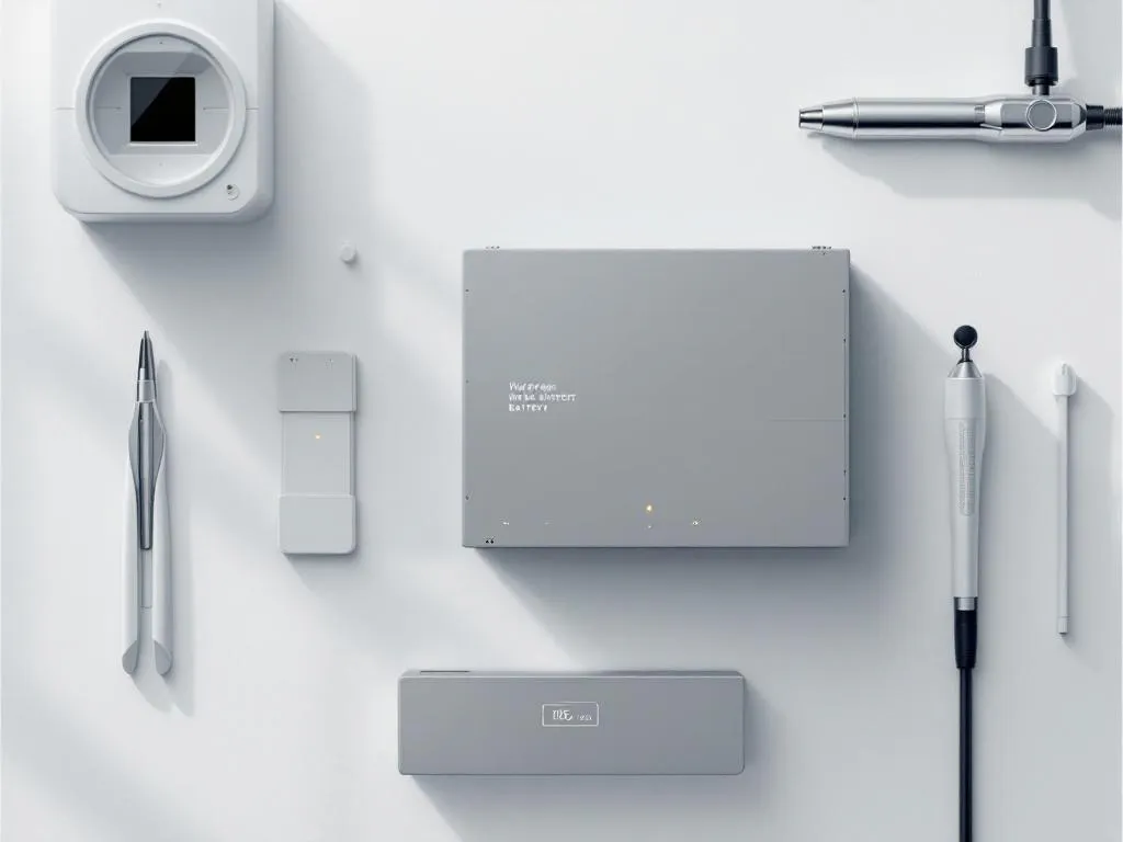 Industrial battery unit with amber status light and diagnostic tools on white surface, overhead view showing technical precision.