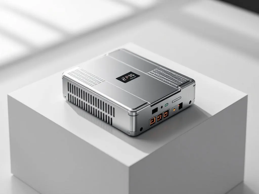 Industrial battery unit with geometric metallic casing, copper terminals, and digital display on white surface