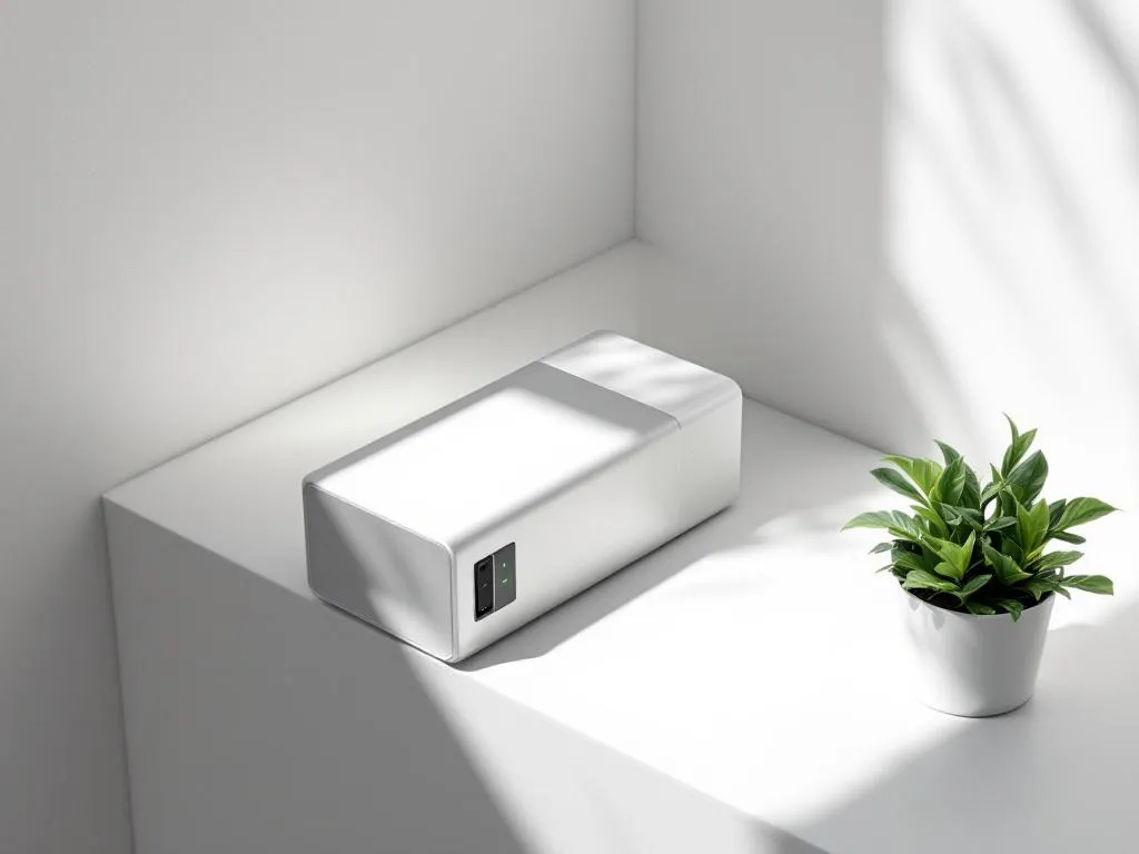 Industrial battery unit with metallic casing on white surface next to small green plant in minimalist setting