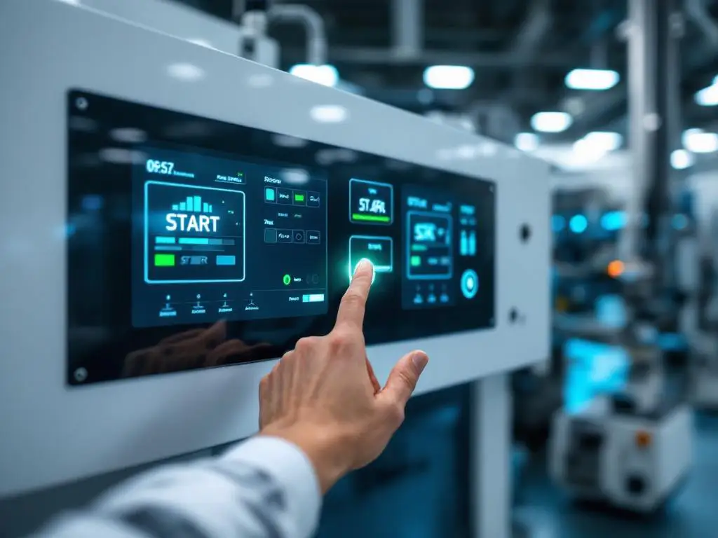 Hand reaching toward start button on industrial control panel with green status displays in modern factory setting.