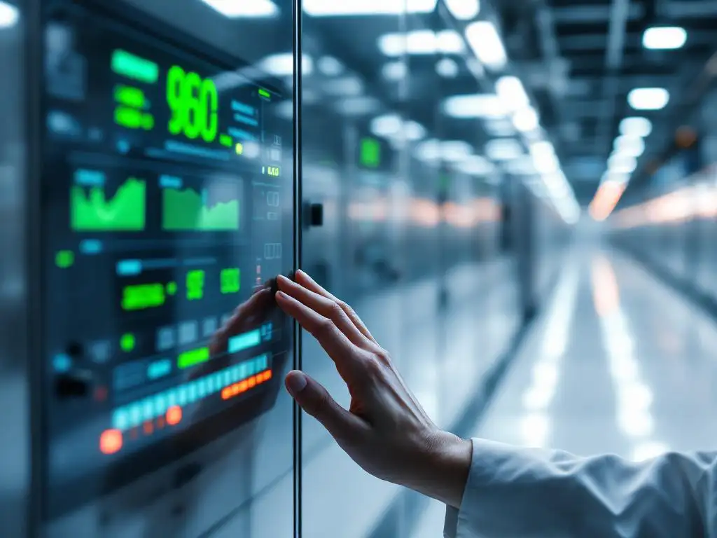 Industrial control panel with green status indicators and human hand positioned near automated monitoring equipment in modern factory