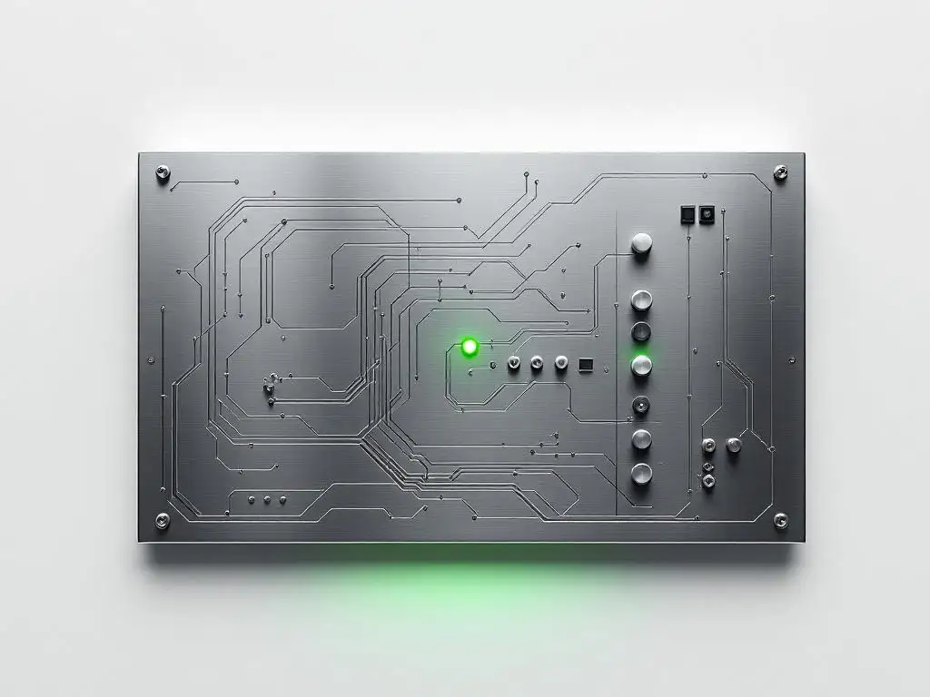 Industrial control panel with brushed metal surface, geometric circuit patterns, green status light, and minimal switches on white background.