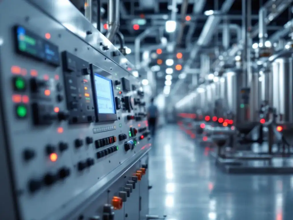 Industrial control panel with green status indicators in modern chemical processing facility with steel pipes and vessels