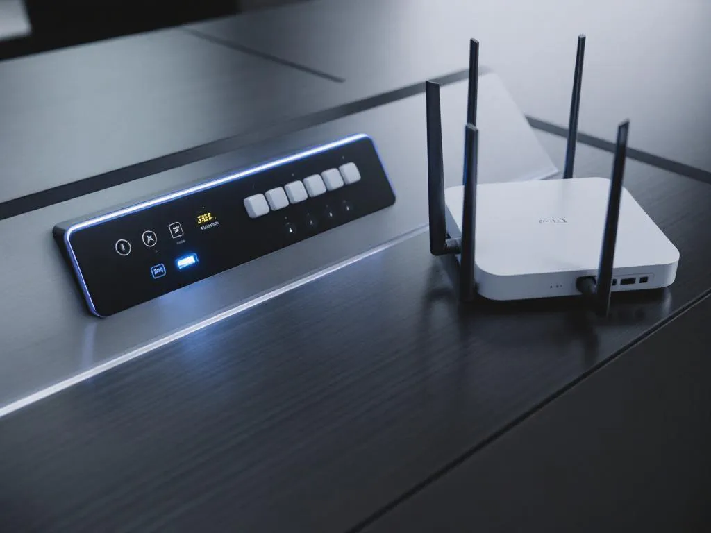Industrial control panel with geometric buttons connected to wireless router via ethernet cable on metallic surface