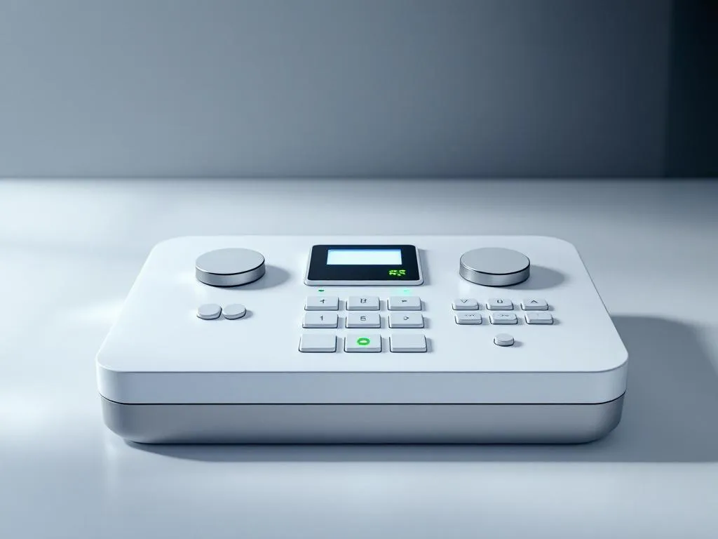 Industrial control panel with geometric buttons, displays, and single green status light in minimalist white design