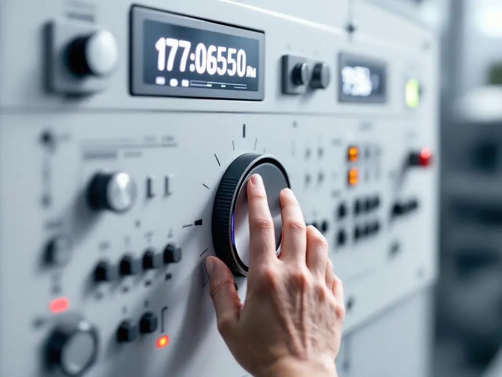 Hand adjusting precision dial on sleek industrial control panel with digital displays and optimal performance indicators