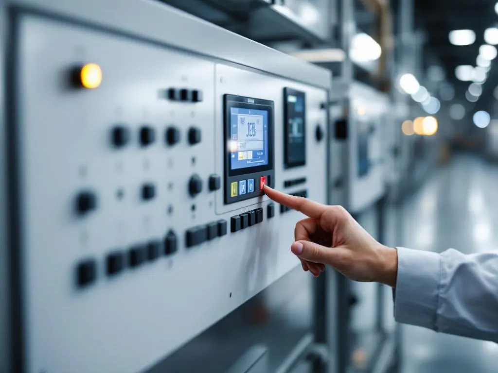 Hand adjusting dial on modern industrial control panel with geometric buttons in white and gray factory setting